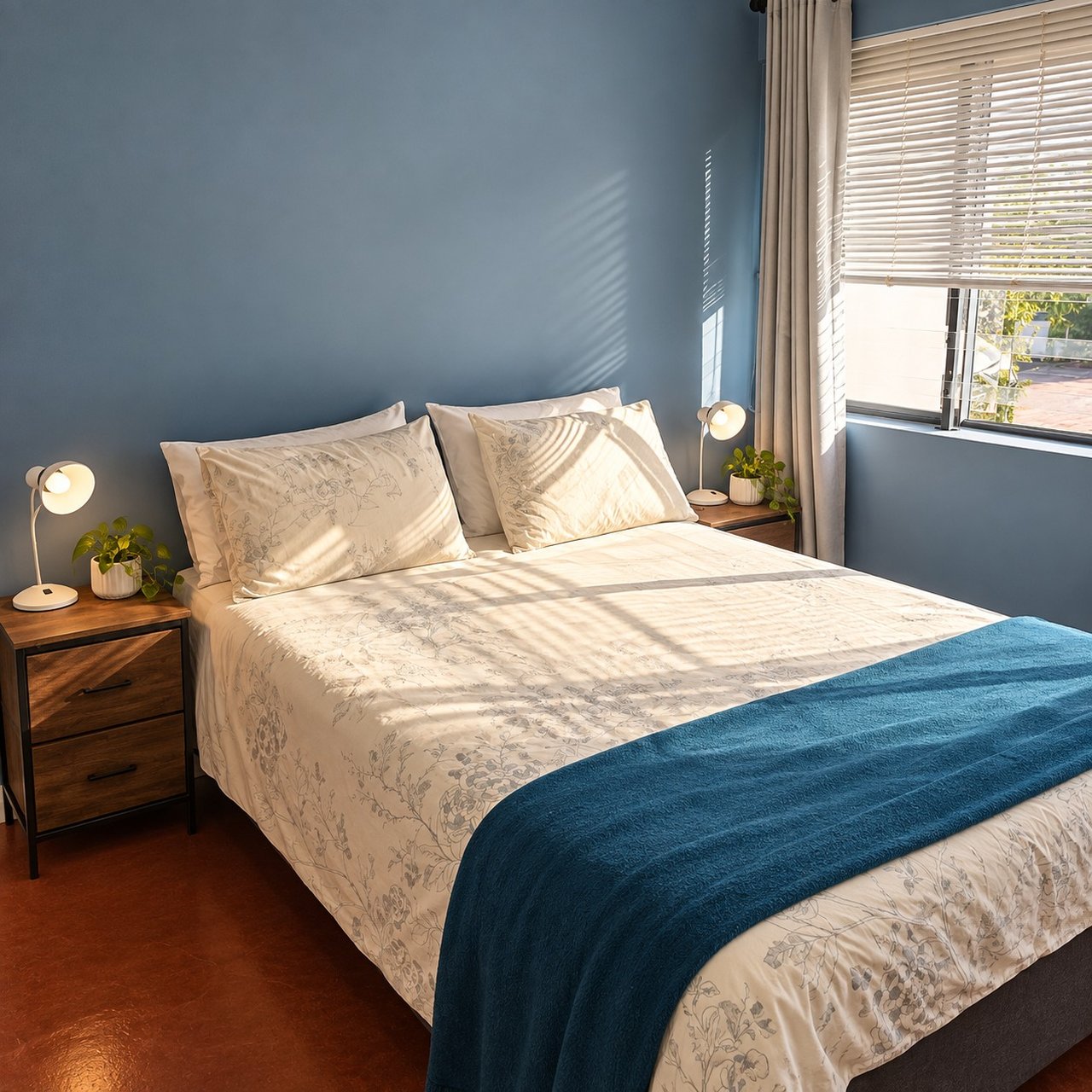 Bedroom 3 with a large bed, blue feature wall and turquoise throw