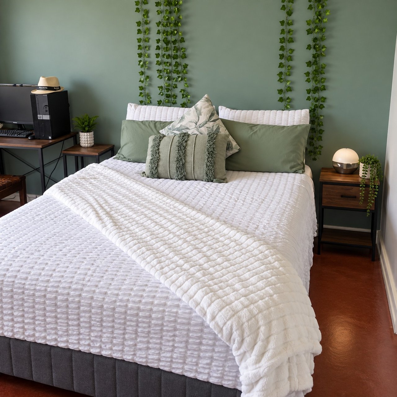 Bedroom 2 with a large bed, green feature wall and white bedding