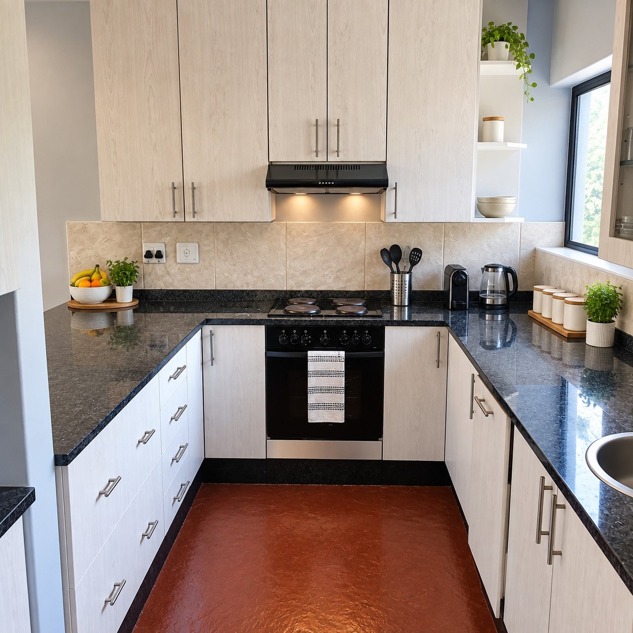 Kitchen with light cabinetry, dark worktops, a stove and an oven