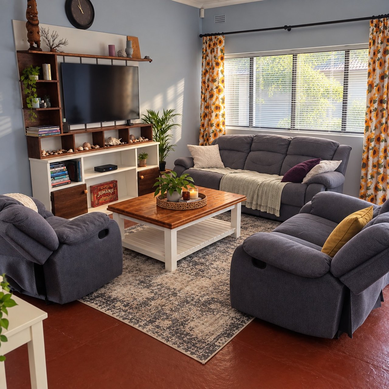 Lounge with comfortable sofas, coffee table and television